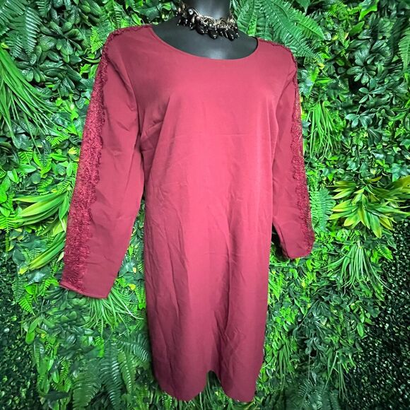 LANE BRYANT Women Dress 18/20 Red Flare A Line Lace Sleeve Round Neckline 1023 - Picture 3 of 8